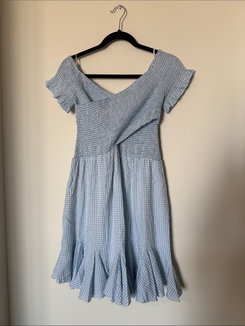 Aakaa Light Blue Gingham Off-Shoulder Mini Dress